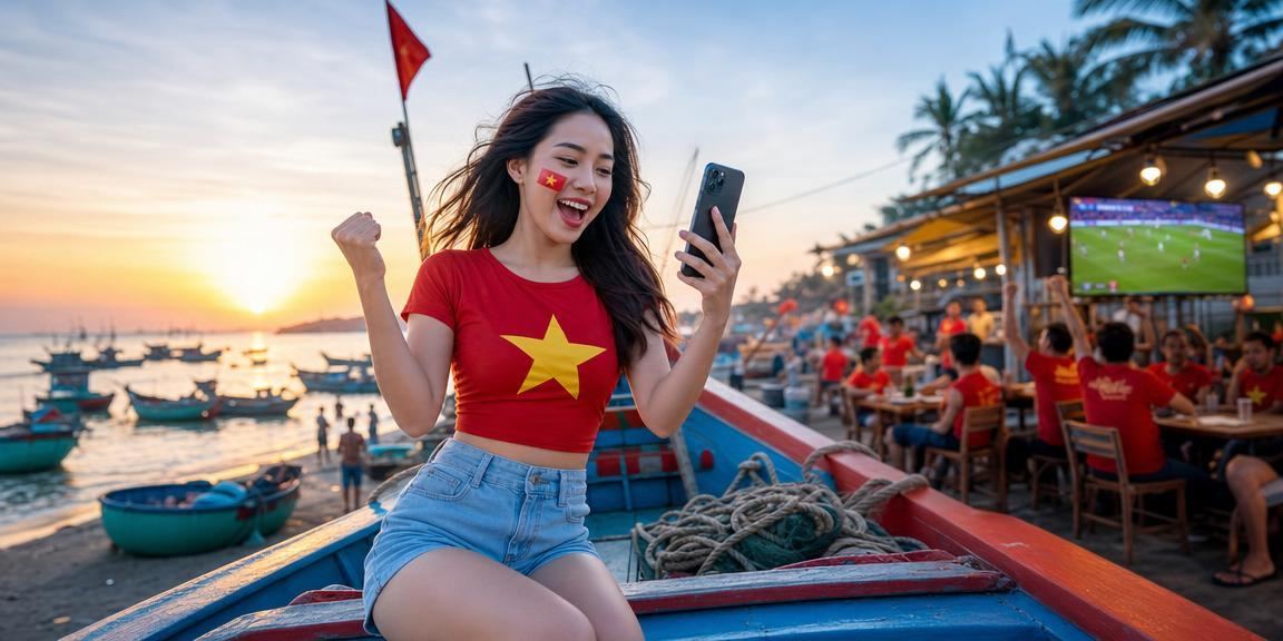 Người dùng đọc điều kiện voucher casino trên điện thoại tại bãi biển Mũi Né